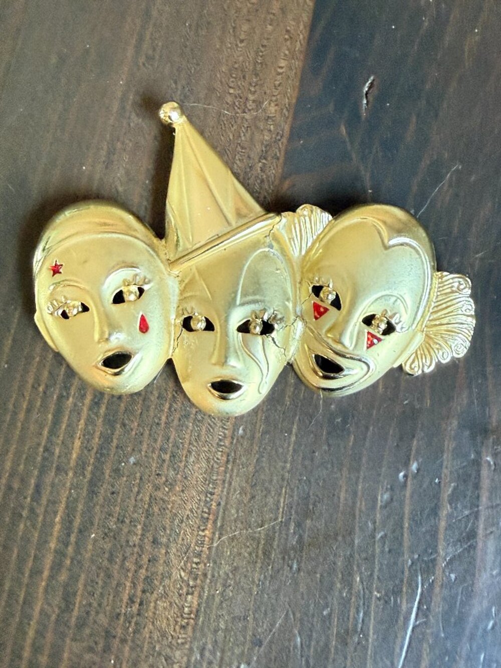 Vintage AJC Gold Tone Triple Clown Face Brooch 3.5" theater circus
